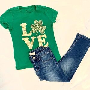 St. Patrick’s Day outfit bundle of 2 items. Green shirt & blue jeans adj waist